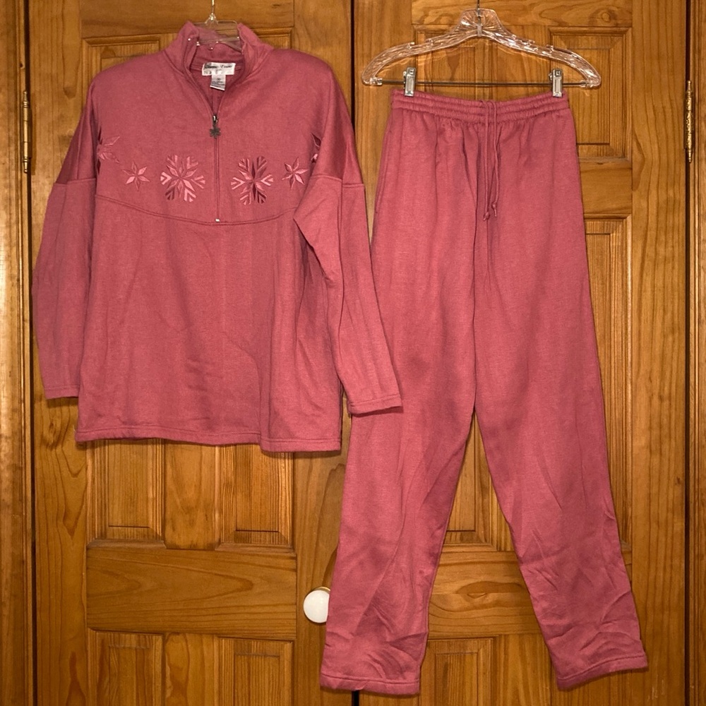 NWOT Vintage Bonnie Evans Fleece Embroidered Top Cardigan Pant Set Size M